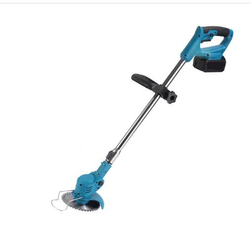 Cortacésped 18V inalámbrico, color azul, con batería de litio recargable y diseño ergonómico